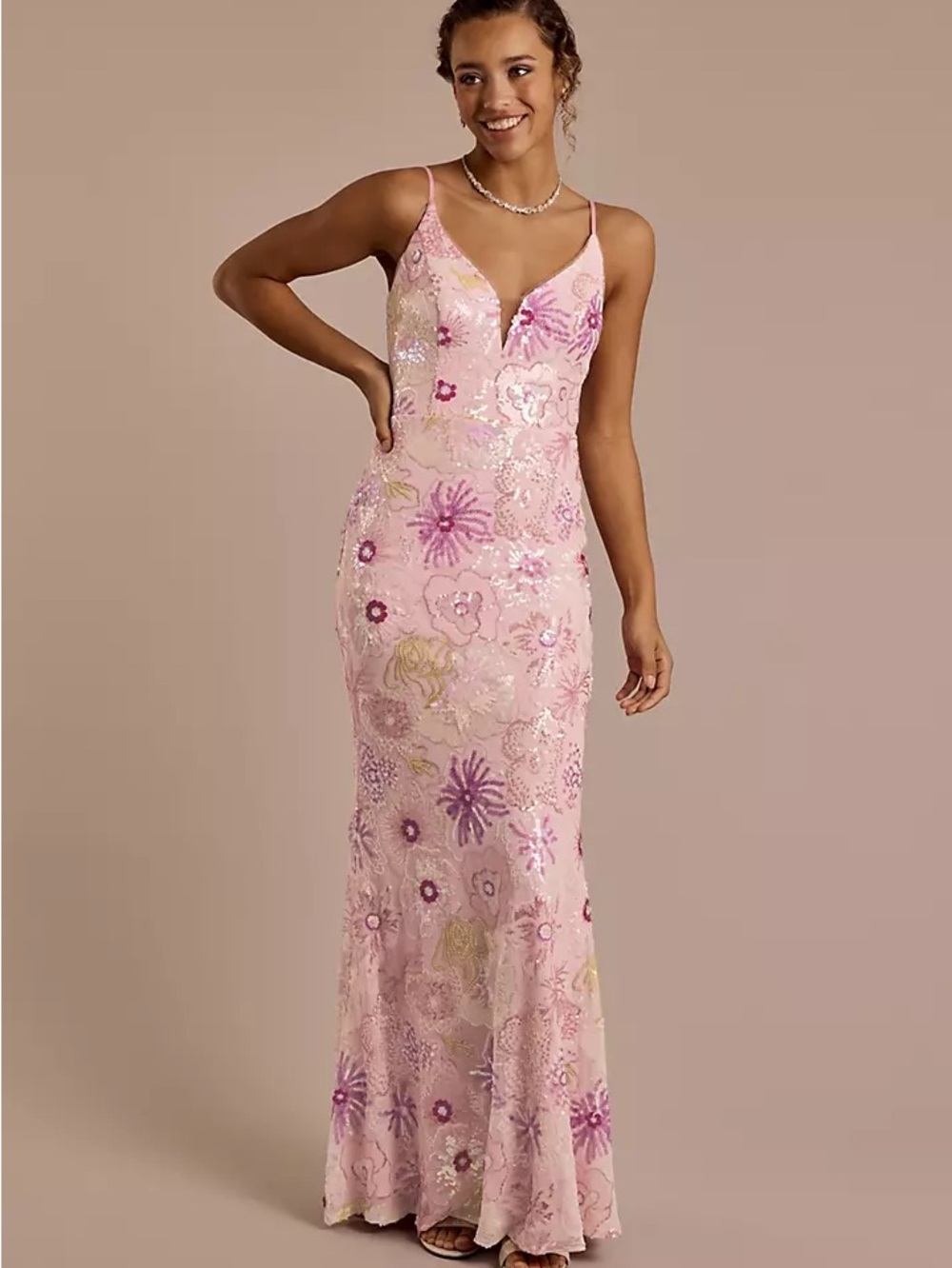 Jules And Cleo Floral Sequin Spaghetti Strap Sheath Maxi Dress